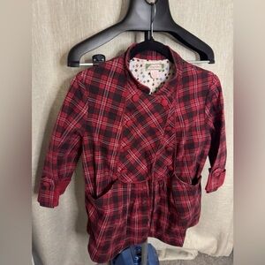 Anthropologie Flying Tomato Red and Black Plaid Pleated Coat Jacket Size L